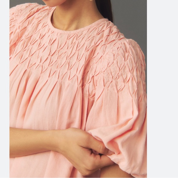 Anthropologie Tops - Anthropologie Liza Puff Sleeve Smocked Linen Top Pink Size XL